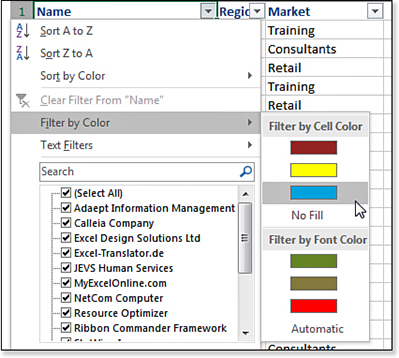 This image shows the Filter drop-down menu when Filter By Color is selected. The flyout menu offers three color swatches under Filter By Cell Color and three different color swatches under Filter By Font Color. Both sections contain a No Fill text choice for Cell Color or Automatic for Font Color. Use those text choices to find cells that have no color applied.
