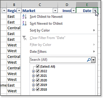This image shows the Filter drop-down menu for a date column. Although previous screenshots have shown daily dates in column E, the Filter drop-down menu offers checkboxes for Years: 2022, 2021, 2020, 2019, and 2018. An icon with a plus sign appears next to each year.
