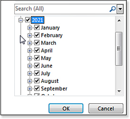 After clicking the plus sign icon next to the year 2021, the tree view expands, and now you see a list of checkboxes with each month: January, February, and so on. Each month has a checkbox and also an icon with a plus sign.
