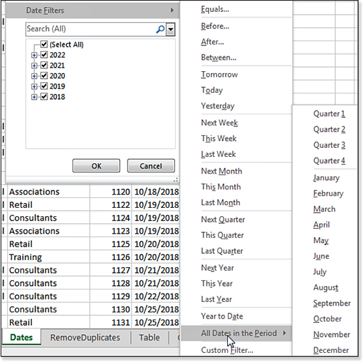 This image shows another view of the Filter drop-down menu for a Date field. The entry for Text Filters is now replaced with a flyout menu called Data Filters. The first level of the flyout menu offers choices such as Equals, Before, After, Tomorrow, Today, Yesterday, Next Week, Next Month, Next Quarter, Next Year, Year To Date, All Dates In The Period, and Custom Filter. The screenshot shows a secondary flyout after choosing All Dates In The Period. This flyout offers options for Quarter 1, Quarter 2, Quarter 3, Quarter 4, January, February, and so on.
