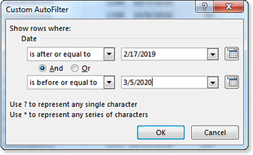 The Custom AutoFilter dialog box allows two conditions joined with And or Or. Each condition offers a drop-down menu with choices, such as: 
Is After Or Equal To 
Is Before Or Equal To
A date-selector icon allows you to choose a date from a calendar.