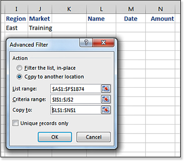 This image shows the Advanced Filter dialog box. Two choices at the top are Filter The List In Place and “Copy To Another Location. In this dialog box, Copy To Another Location is selected. The dialog box allows you to specify ranges for List Range, Criteria Range, and Copy To. In the dialog box, the List Range is A1:F1874. The Criteria Range in I1:J2 contains two headings from the original data set followed by the selected values. I1 contains Region. I2 contains East. J1 contains Market. J2 contains Training. This criteria range will find all East region records where the Market column contains “Training.” The Copy To Range of L1:N1 contains three headings from the original data set: Name, Date, and Amount. The dialog box also offers a Unique Records Only choice that remains unselected.