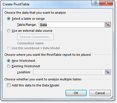 The Create PivotTable dialog is where you choose what data to analyze and where to place the pivot table. A final checkbox for Add this data To The Data Model will be discussed in Chapter 17.