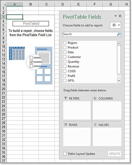 The PivotTable Fields list offers a list of fields at the top followed by four drop-zones labeled Filters, Columns, Rows, and Values.