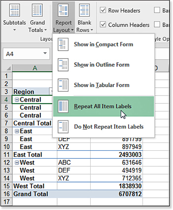 Choose Design, Report Layout, Repeat All Item Labels to replace blank cells in the Rows area with the region names.