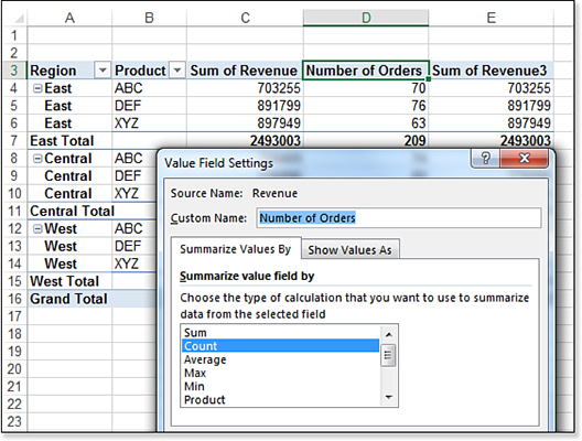 Change the calculation in column D to a Count instead of a sum. The new heading is Number of Orders.