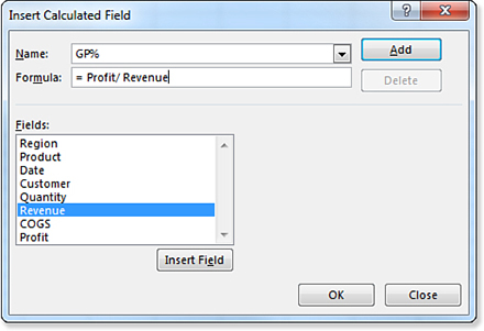 The Insert Calculated Field dialog lets you build a formula such as =Profit/Revenue.