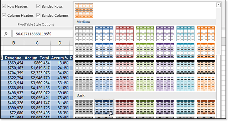 Some color options are available in the Pivot Table Styles gallery.