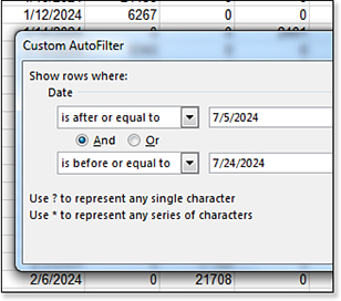 Use the Custom AutoFilter dialog box to choose a range of dates.