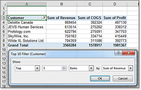 Specify the Top 5 Items using the Top 10 Filter dialog box to see a report of the Top Five customers.