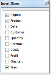 The Insert Slicers dialog box offers a list of all fields in the pivot table. In this figure, Region, Product, and Years are selected.