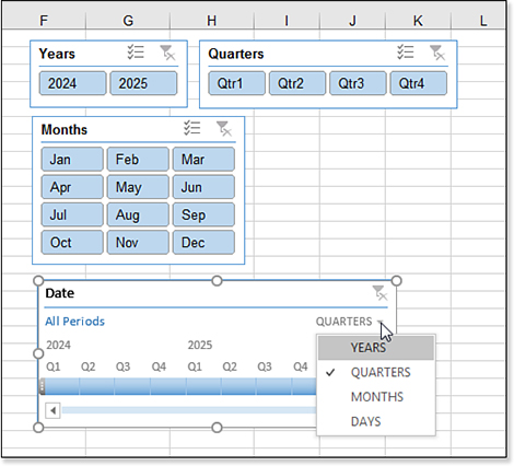 This figure shows two different ways to filter dates. Three separate slicers, one each for Years, Quarters, and Months take up half the screen. A compact Date Timeline offers a drop-down menu where you can change the Timeline to Years, Quarters, Months, or Days.