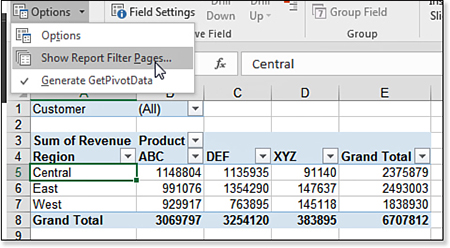 A pivot table has Customer in the Report Filter area. Open the drop-down menu next to the Options button in Excel and choose Show Report Filter Pages.