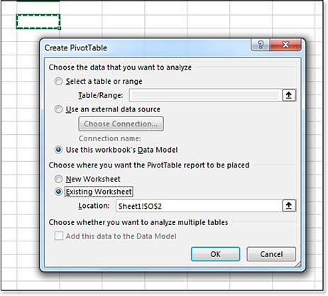 Starting from a blank cell, the Create PivotTable dialog box automatically selects Use this workbook’s Data Model instead of specifying a range.