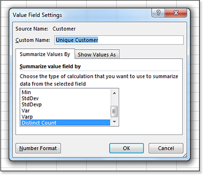 In the Value Field Settings, a choice for Distinct Count appears because you selected Add This Data To The Data Model.