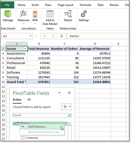 Right-click the table name in the PivotTable Fields list and choose Add Measure.