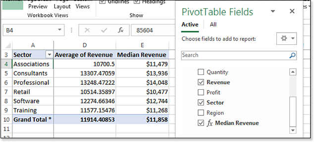 This pivot table shows an average and a median for each sector.