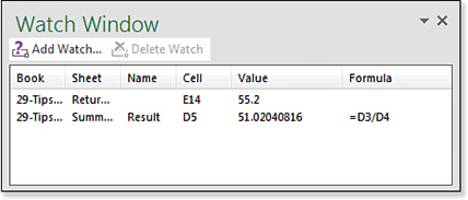 The Watch Window shows the current value of two watched cells: cell E14 on the Return sheet and Cell D5 on the Summary sheet. Use the Add Watch button to add more cells.