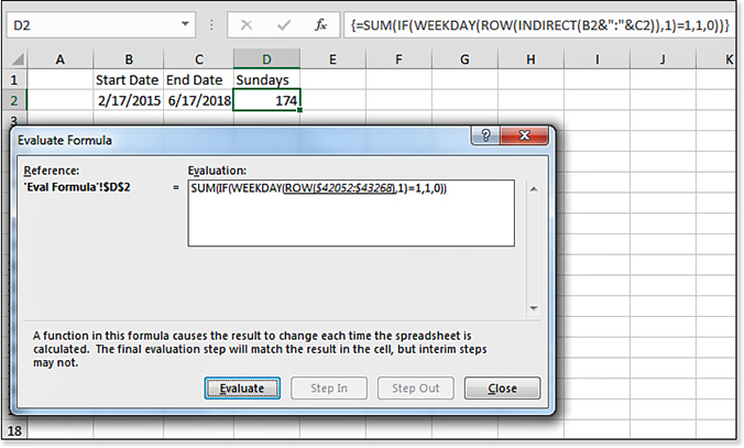 The Evaluate Formula dialog box starts out with a formula identical to the one shown in the Formula Bar with one difference: The portion of the formula that will be calculated first is underlined. Calculate that portion of the formula using the Evaluate button or select Step In to see the formula in the underlined cell.
