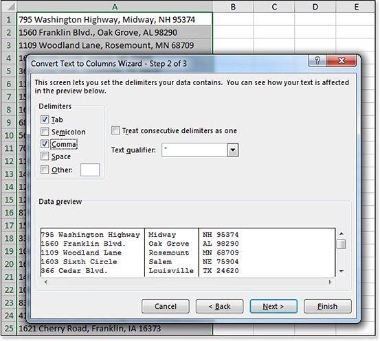 In this figure, step 2 of the Convert Text To Columns Wizard is shown. With Tab and Comma selected as the delimiters, a Data Preview at the bottom shows that three columns will result from the address information in column A.