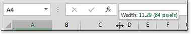 Column letters appear at the top of the Excel grid. If you hover your mouse on the vertical bar that separates one column letter from the next, you can see the current column width. Click and drag left or right to shrink or expand the column to the left.