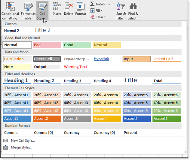 A large Cell Styles gallery is shown. There are built-in styles for Good, Bad, and Neutral. There are model styles where input cells are differentiated from Calculated cells. Six styles offer Titles and Headings. Theme styles offer six colors based on the current theme.