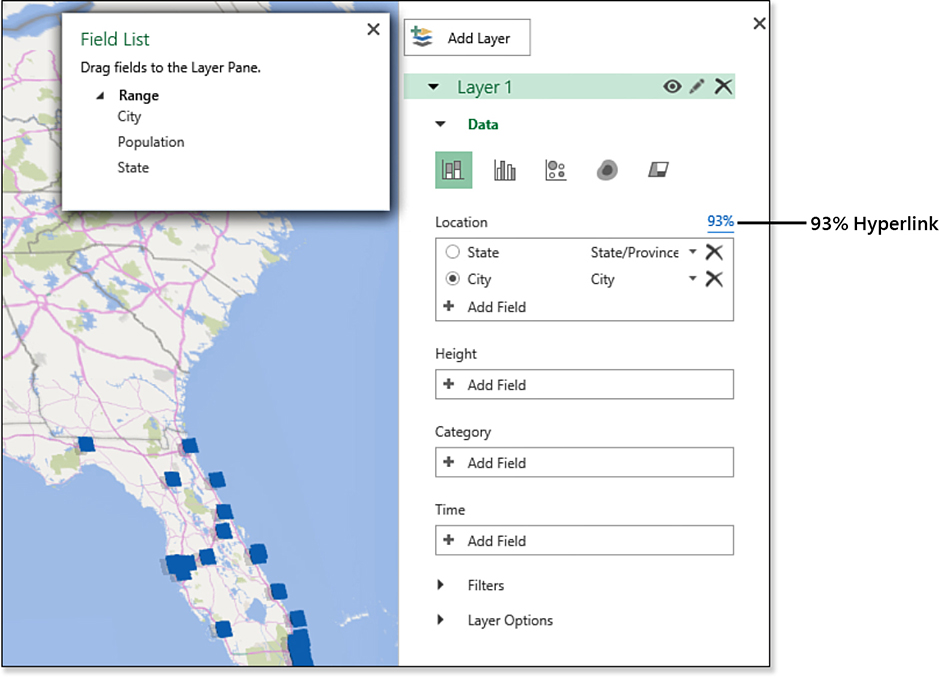 This figure shows the 3D Map Field List. Excel automatically is using State and City for location. A hyperlink shows 93% of the rows were mapped.