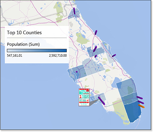 This figure shows south Florida. Nine counties are shown as a shaded area map. Ten Columns appear on the map. An annotation has been added to the column for Fort Myers, and a poster advertising a MrExcel Power Excel seminar is shown in the annotation.