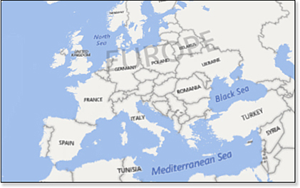 This figure shows a map of Europe. At the current zoom level, there are labels for Spain, France, Italy, Germany, Poland, Romania, and Ukraine. But the smaller countries are not labeled.