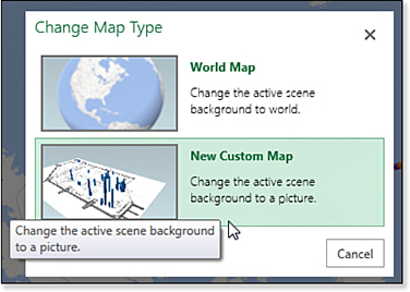 The Change Map Type dialog box offers a World Map or a New Custom Map. The tooltip for New Custom Map reads, Change The Active Scene Background To A Picture.