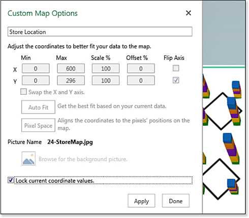 This figure shows the Custom Map Options dialog box. For the X & Y axis, you can display a Min, Max, Scale %, and Offset %. You can also Flip Axis for X and/or Y.