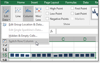 This figure shows the Sparkline Tools Format tab in the ribbon. On the left, open the Edit Data drop-down menu and choose Switch Row/Columns.