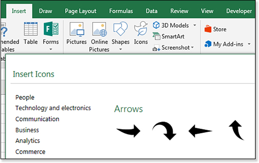 This figure shows some of the Icon categories: People, Technology and electronics, Communication, Business, Analytics, and Commerce. In the center panel, four arrows are shown, which are different from the ones built into the Insert Shapes panel.