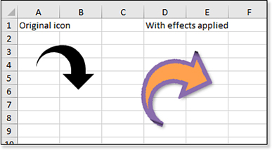 This figure shows two versions of an arrow. The first is as inserted by the Icons dialog box. The second is larger, rotated, and includes a thick outline.