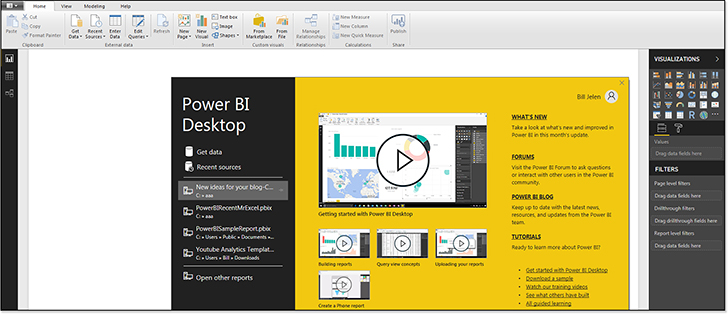 Power BI opens with a start screen with a number of tutorials.