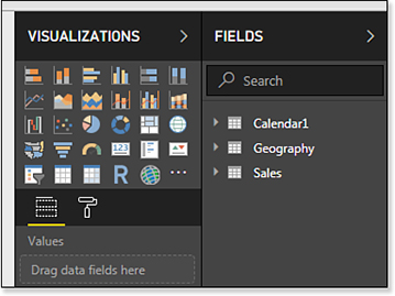 The Visualizations panel offers icons that represent a Stacked Bar Chart, Stacked Column Chart, Clustered Bar Chart, Clustered Column Chart, and more. The Fields panel shows all three tables loaded to Power BI Desktop.