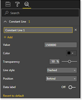 To set up a Constant Line, specify the Value, Color, Transparency, Line Style Position, and Data Label.