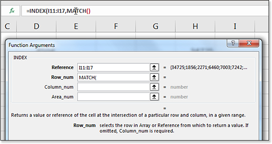 The formula bar shows a formula being built with MATCH inside of an INDEX function. The Function Arguments dialog box is displayed in the worksheet. By using your mouse and clicking either the word INDEX or the word MATCH in the formula bar, you can control which function appears in the Function Arguments dialog box.