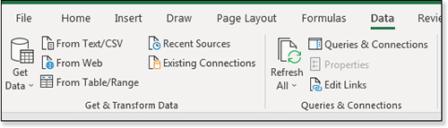 This figure shows the Data tab of the ribbon. The first group is Get & Transform Data. The second group is Queries & Connection. The options in the second group are Refresh All, Queries & Connections, Properties, and Edit Links. Click Edit Links to get back to the Edit Links dialog.