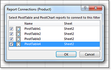 Use the Report Connections dialog box to connect a slicer to multiple pivot tables.