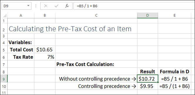 The figure shows an Excel worksheet with input cells for the total cost and tax rate. One formula does not use parentheses to control the order of precedence so it produces an incorrect result; another formula does use parentheses.