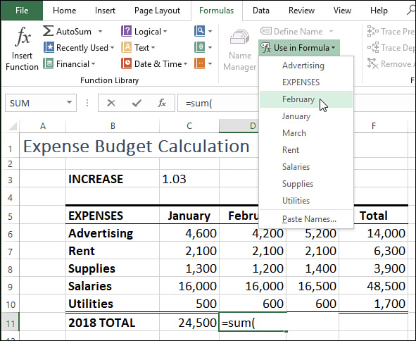 The figure shows an Excel worksheet showing the Formulas tab with the Use In Formula list displayed and the mouse pointer hovering over the February item.