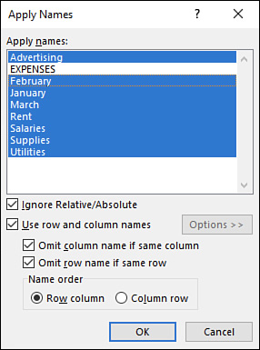 The figure shows the expanded version of the Apply Names dialog box, which includes check boxes for omitting the column and row names.