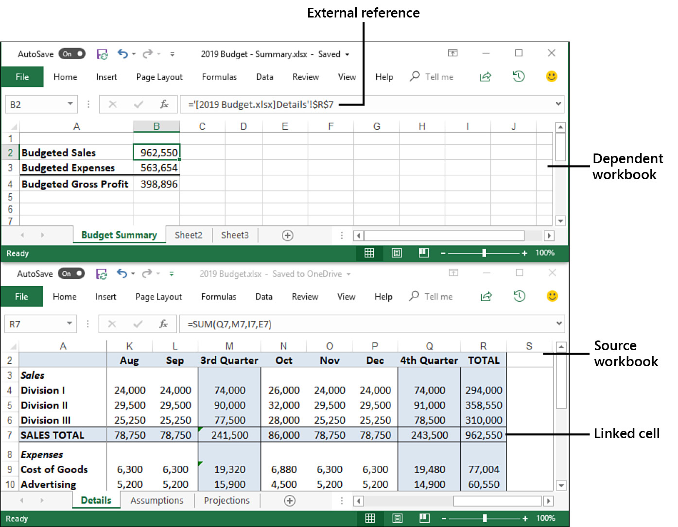The figure shows two Excel workbooks. The top workbook’s selected cell contains a formula that references cell R7 in the bottom workbook.