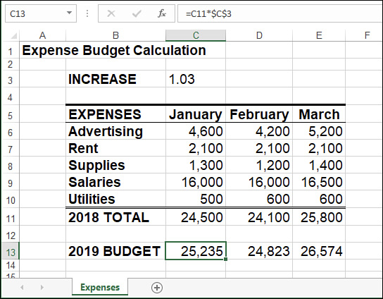 The figure shows an Excel worksheet named Expenses with cell C13 selected and the formula =C11*$C$3 in the formula bar.