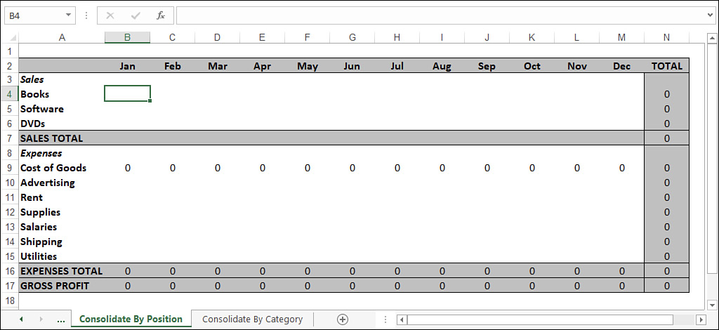 The figure shows an Excel worksheet named Consolidate By Position that will be used to display the consolidated data.