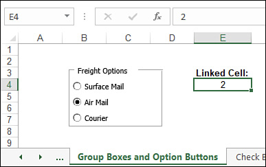 The figure shows a worksheet named Group Boxes and Option Buttons. The sheet displays a group box with three option buttons. The second option button is selected. The linked cell E4 displays the number 2.