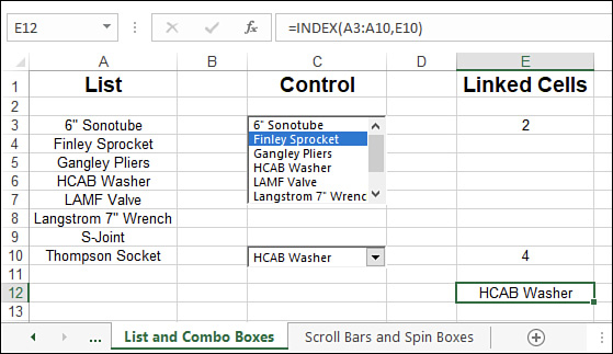 The figure shows a worksheet named List and Combo Boxes. The sheet displays a range of items used to populate two lists. In the first list, the second item is selected and E3, the linked cell, displays the value 2. In the second list, the name of the selected item appears in cell E12, which uses the formula =INDEX(A3:A10, E10).
