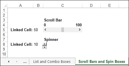 The figure shows a worksheet named Scroll Bars And Spin Boxes. The sheet displays a scroll bar with a linked cell that displays the value 50, as well as a spin box with a linked cell that displays the value 10.