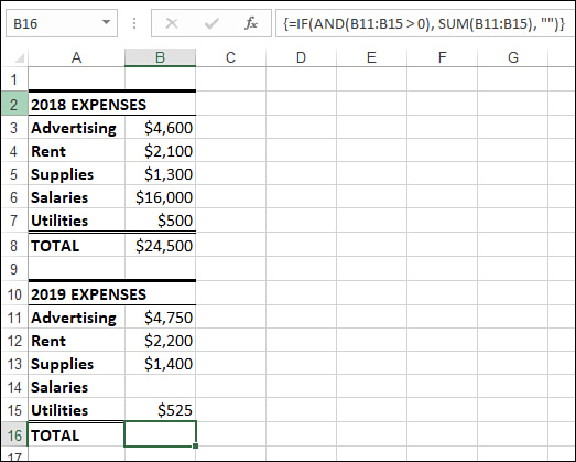 The figure shows an Excel worksheet with an array formula in cell B16 that sums the 2019 expenses only if all the cells have nonzero values.
